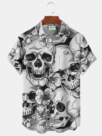 Royaura Vintage Skull Lily Print Men's Bowling Button Pocket Plus Size Shirt