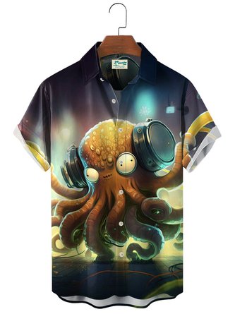 Royaura Beach Vacation Ocean Octopus Men's Hawaiian Shirts Stretch Plus Size Aloha Button Shirts