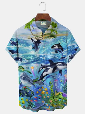 Royaura Ocean Whale Dolphin Honu Print Men's Vacation Hawaii Big And Tall Aloha Shirt
