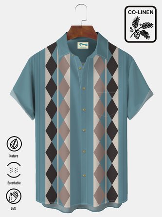Royaura 50's Men's Vintage Diamond-type Lattice Bowling Shirts Cotton Linen Blend Big Size Camp Shirts