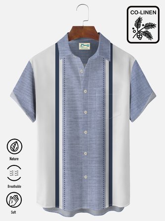 Royaura 50's Beach Vacation Men's Oxford Bowling Shirts Cotton Linen Blend Striped Camp Shirts