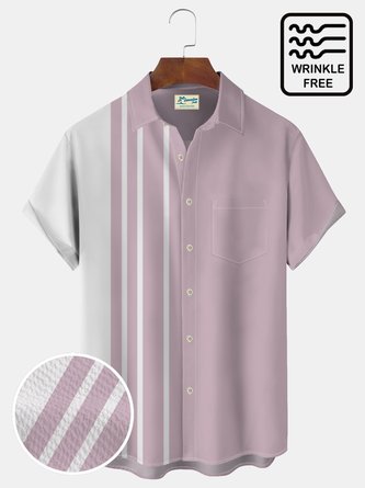 Royaura 50’s Pink Vintage Men's Bowling Shirts Striped Wrinkle Free Seersucker Camp Shirts