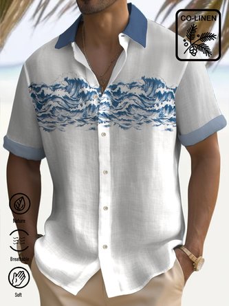 Royaura Natural Fiber Vintage Bowling Wave Print Beach Men's Vacation Hawaiian Big And Tall Aloha Shirt