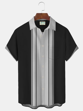 Royaura 50's Black Vintage Men's Bowling Shirts Stretch Big Size Aloha Pocket Camp Shirts