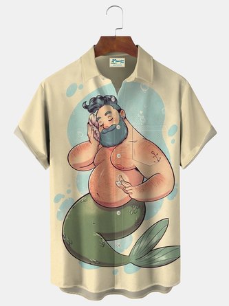 Royaura Pocket Vintage Spoof Male Mermaid Print Beach Men's Hawaiian Big And Tall Shirt