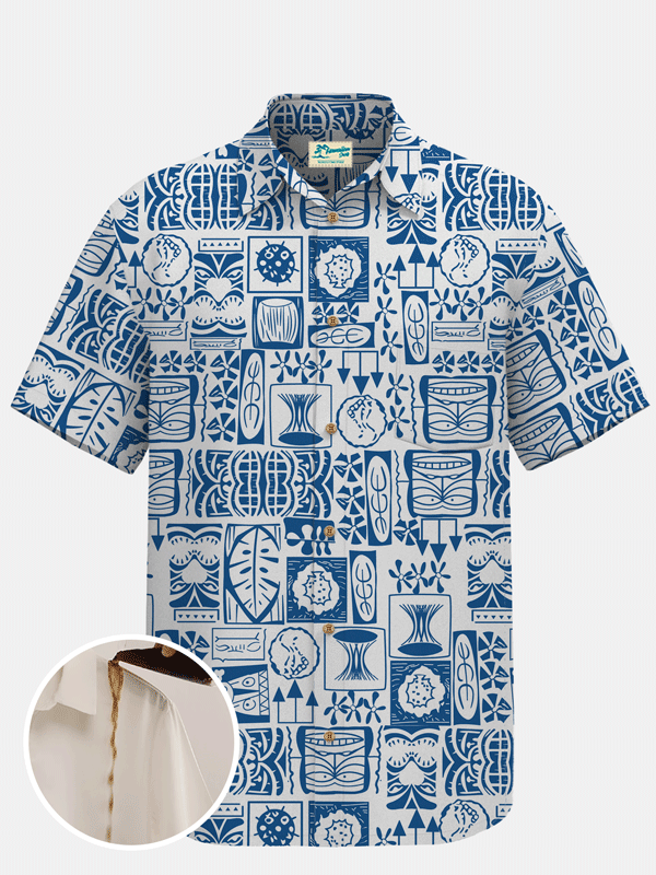 Royaura Waterproof Tropical TIKI Art Holiday Beach Short Sleeve Hawaiian Shirts Stain-Resistant Lightweight