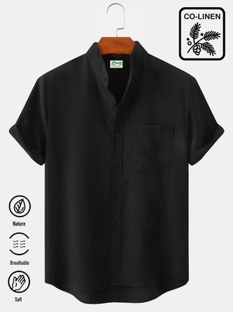 Royaura Men's Casual Cotton Linen Stand Collar Soft & Breathable Short Sleeve Shirt