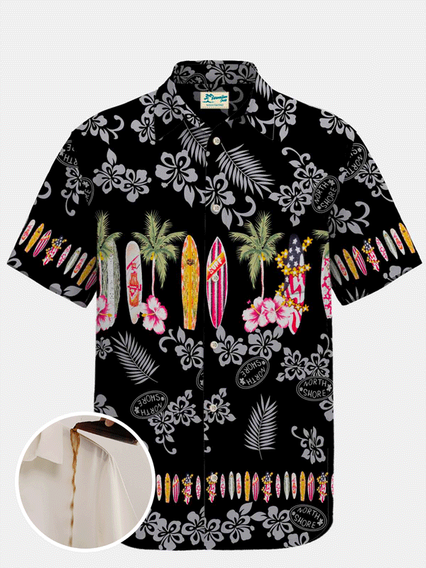 Royaura Waterproof Coconut Tree Tropical Flowers Surfboard Hawaiian Shirt Stain-Resistant Hydrophobic