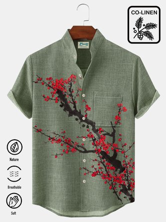 Royaura Cotton Linen Vintage Plum Blossom Men's Button Pocket Shirt