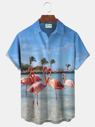 Royaura Flamingo Coconut Palm Print Shirt Beach Men's Hawaiian Big And Tall Shirt With Pocket