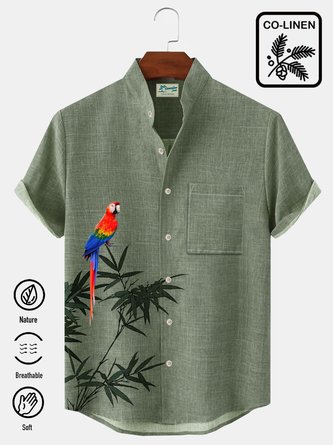 Royaura Cotton Linen Parrot Bamboo Leaf Men's Stand Collar Button Pocket Shirt