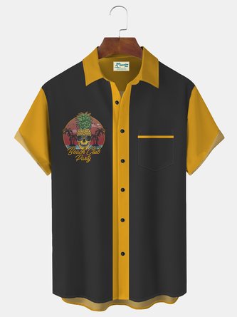 Royaura 50’s Retro Skull Pineapple Yellow Men's Bowling Shirts Stretch Wrinkle Free Hawaii Camp Shirts