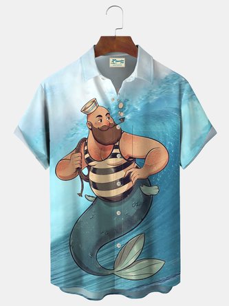 Royaura Mermaid Waves Fun Print Beach Men's Hawaiian Big And Tall Shirt With Pocket