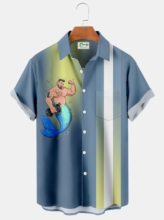 Royaura Vintage Bowling Mermaid Print Men's Button Pocket Shirt
