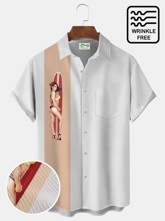 Royaura 50's Retro Pinup Girl Men's Bowling Shirts Oversized Wrinkle Free Seersucker Button Camp Shirts