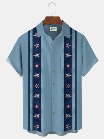Royaura Vintage American Flag Stars Men's Bowling Shirts Stretch Plus Size Camp Shirts