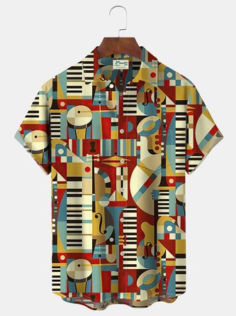 Royaura Geometric Musical Piano Print Beach Men's Hawaiian Big&Tall Shirt With Pocket