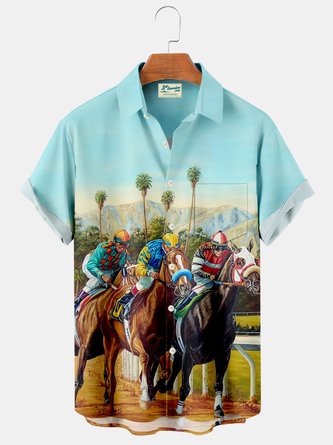 Royaura Hawaiian Horse Racing Coconut Tree Print Men's Button Pocket Shirt