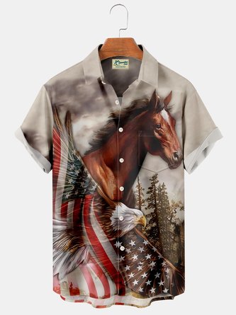 Royaura Vintage American Flag Horse Print Men's Button Down Pocket Shirt