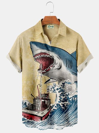 Royaura Vintage Ukiyo-e Shark Print Men's Button Pocket Shirt