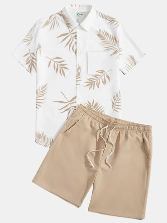 Royaura Hawaiian Plant Print Men's Button Pocket Two-Piece Shirt Shorts Set
