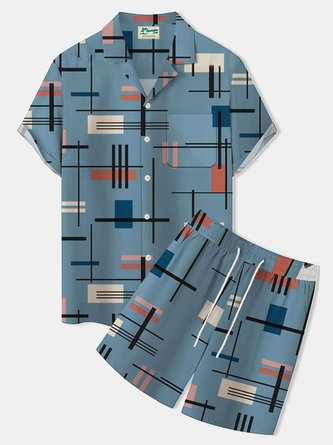 Royaura Retro Geometric Line Men's Button Pocket Two-Piece Shirt And Shorts Set