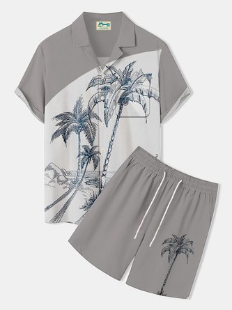 Royaura Hawaiian Coconut Tree Print Men's Button Pocket Two-Piece Shirt And Shorts Set