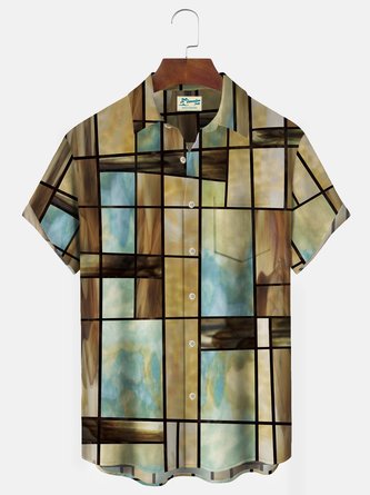 Royaura 50‘s Retro Mid-Century Modern Geometric Art Khaki Men's Casual Shirts Aloha Camp Pocket Shirts