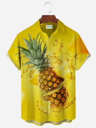 Royaura Holiday Beach Yellow Men's Hawaiian Shirts Ice Cool Pineapple Art Aloha Camp Pocket Shirts