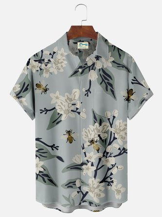 Royaura Beach Holiday Tropical Floral Bee Men's Hawaiian Shirts Stretch Oversized Pocket Aloha Camp Shirts