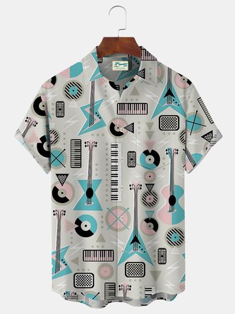 Royaura 50's Vintage Light Beige Men's Music Shirts Mid Century Modern Geometric Guitar Art Aloha Pocket Camp Shirts
