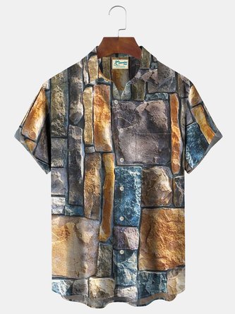 Royaura Vintage Stone Landscape Print Beach Men's Hawaiian Oversized Shirt with Pockets
