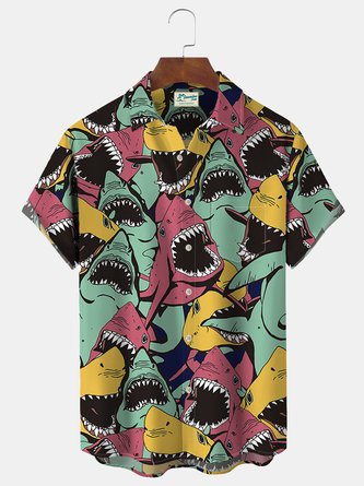 Royaura Shark Print Beach Men's Hawaiian Plus Size Shirt with Pockets