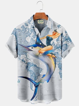 Royaura Hawaii Map Tuna Print Men's Button Pocket Shirt