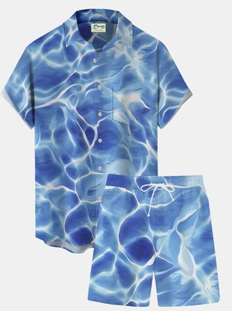 Royaura Hawaiian Water Ripple Print Men's Vacation Two-Piece Shirt And Shorts Set