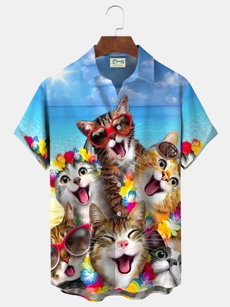 Royaura Vacation Funny Cats Print Beach Men's Hawaiian Oversized Shirt With Pocket
