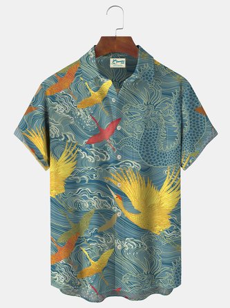 Royaura Vintage Japanese Print Beach Men's Hawaiian Oversized Shirt With Pocket