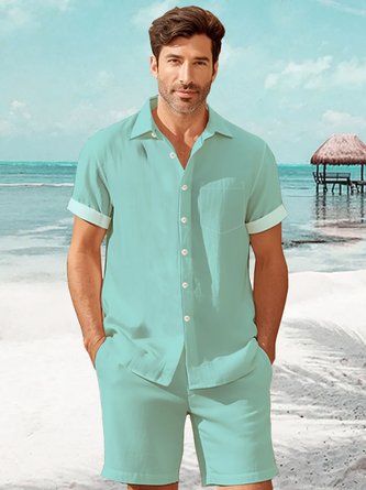 Royaura Hawaii Basic Plain Green Fabric Vacation Men's Casual Button Pocket Two-piece Set And Shorts Set