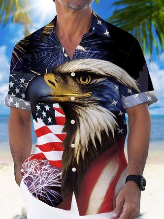 Royaura Beach Vacation Independence Day American Flag Men's Hawaiian Shirts Pocket Plus SIze American Eagle Fireworks Camp Shirts