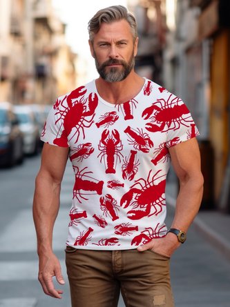 Royaura Lobster Print Casual Loose Stretch Hawaiian T-Shirt