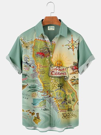 Royaura Vintage Map Travel Route Print Men's Button Pocket Shirt