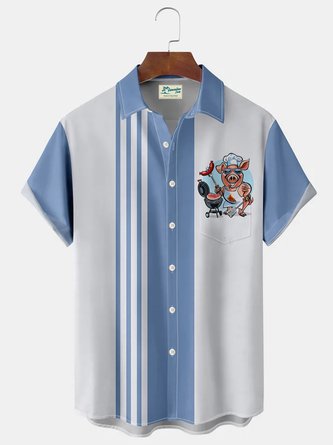 Royaura Vintage Bowling Stripe BBQ Print Men's Button Pocket Shirt