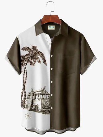 Royaura Hawaiian Coconut Tree Contrast Print Men's Button Pocket Shirt