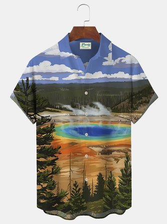 Royaura Vintage Landscape Yellowstone Print Beach Men's Hawaiian Oversized Shirt With Pocket