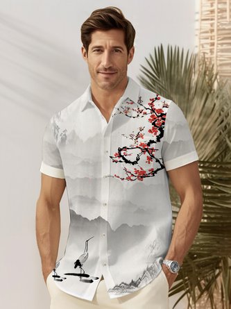 Royaura Vintage Plum Elegant Style Print Beach Men's Hawaiian Oversized Shirt with Pocket