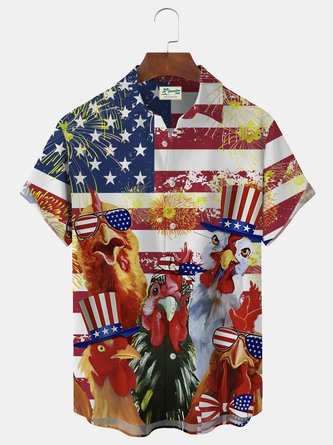 Royaura Flag Independence Day Men's Hawaiian Shirts American Flag Rooster Stretch Plus Size Aloha Camp Shirts