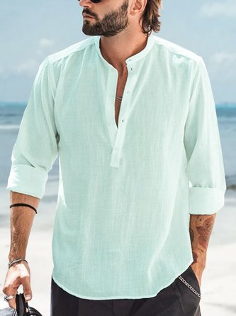 Royaura Cotton Linen Casual Basic Men's Button Pocket Stand Collar Long Sleeve Shirt
