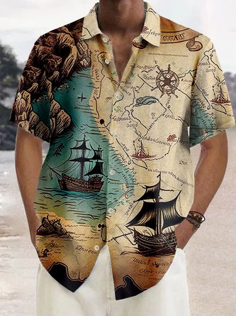 Royaura Vintage Nautical Map Sailboat Print Men's Button Down Pocket Shirt