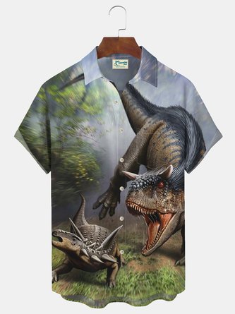 Royaura Dinosaur Print Beach Men's Hawaiian Plus Size Shirt with Pockets