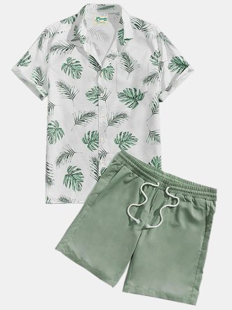 Royaura Hawaii Tropical Plant Leaf Print Men's Button Pocket Two-piece Short Sleeve Shirt And Shorts Set